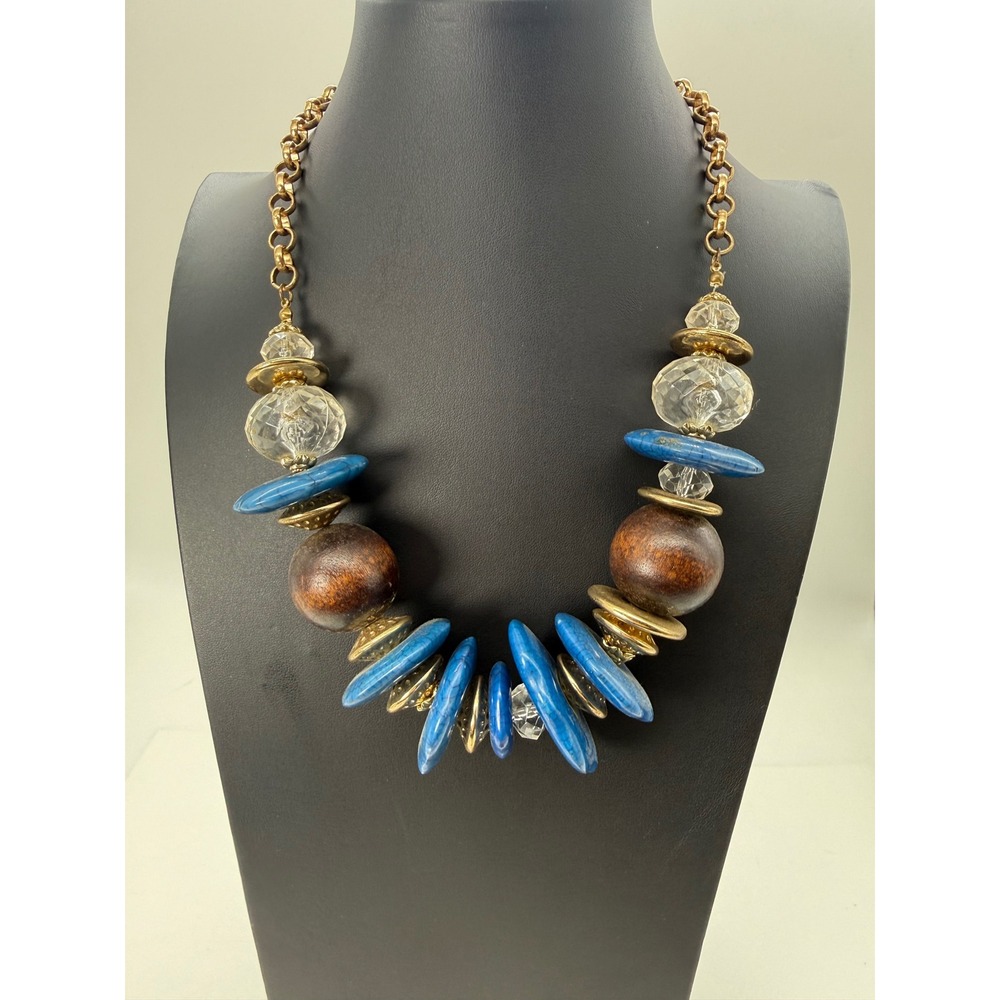 Chunky Blue Stone Wood Bead Statement Necklace Gold Tone Bohemian Y2K Jewelry